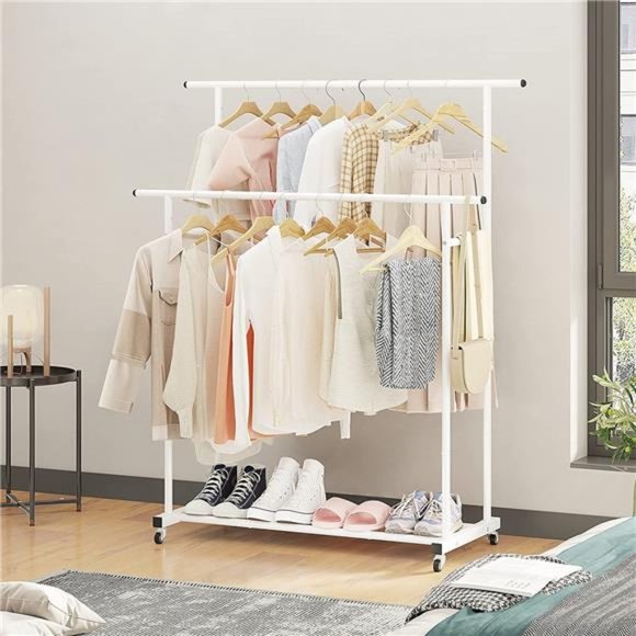Double Rod Clothing Garment Rack, Rolling Hanging Clothes Rack, Portable White - Picture 6 of 7